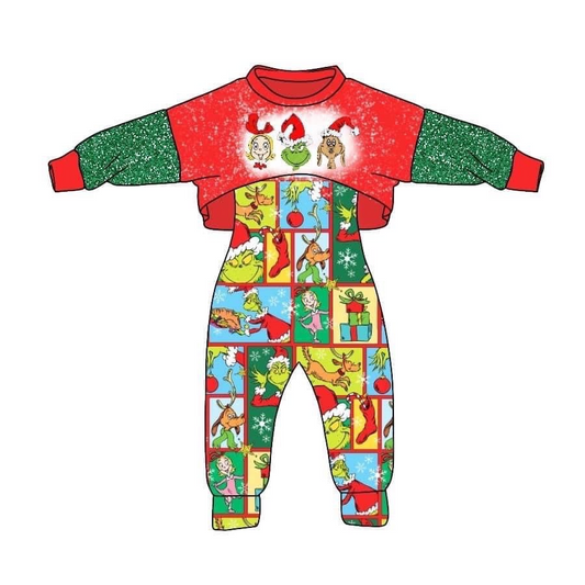 custom S 9.13  Christmas green face red long sleeve jumpsuit set