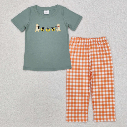 embroidery BSPO0405 Halloween pumpkin dog green short sleeve orange checkered pants boys set