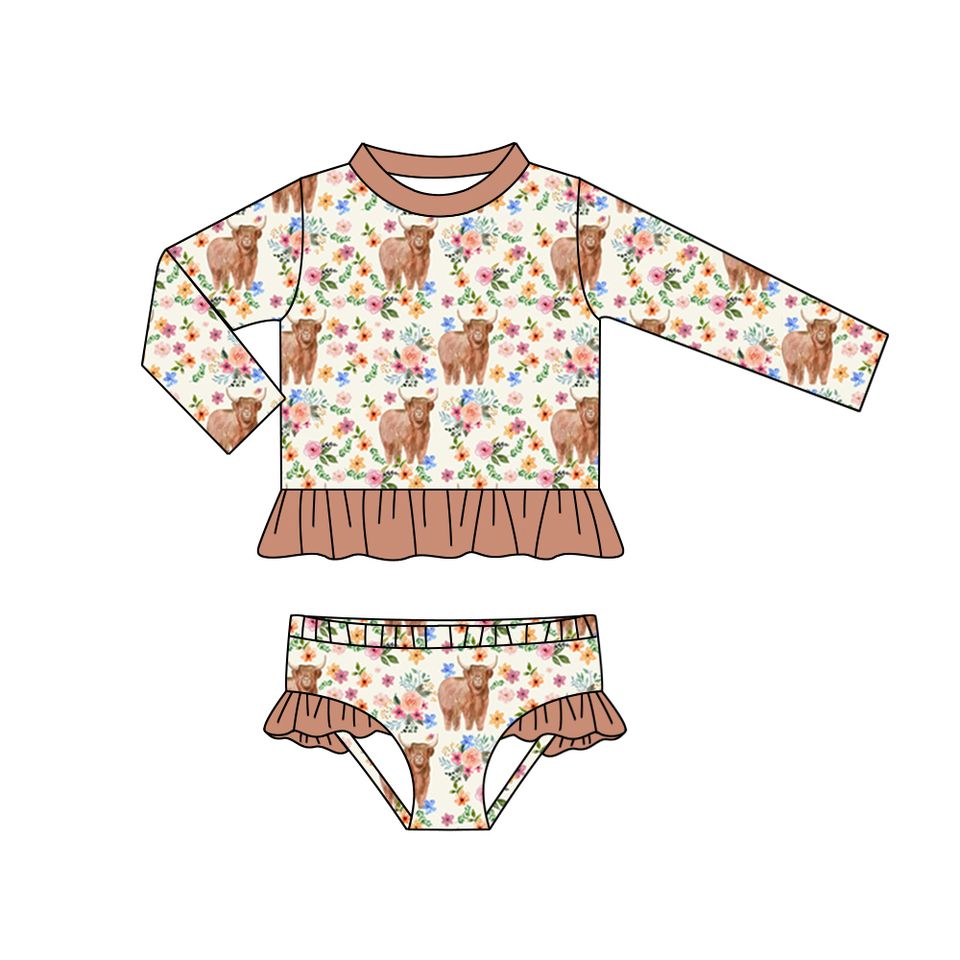 preorder S0261 Highland cow flowers brown long sleeve girls swimsuits