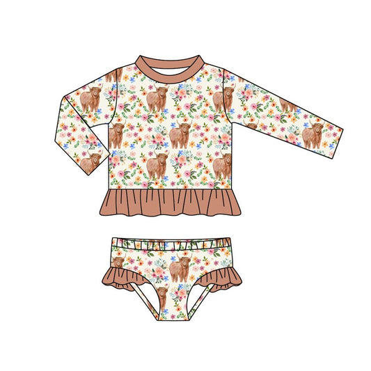 preorder S0261 Highland cow flowers brown long sleeve girls swimsuits