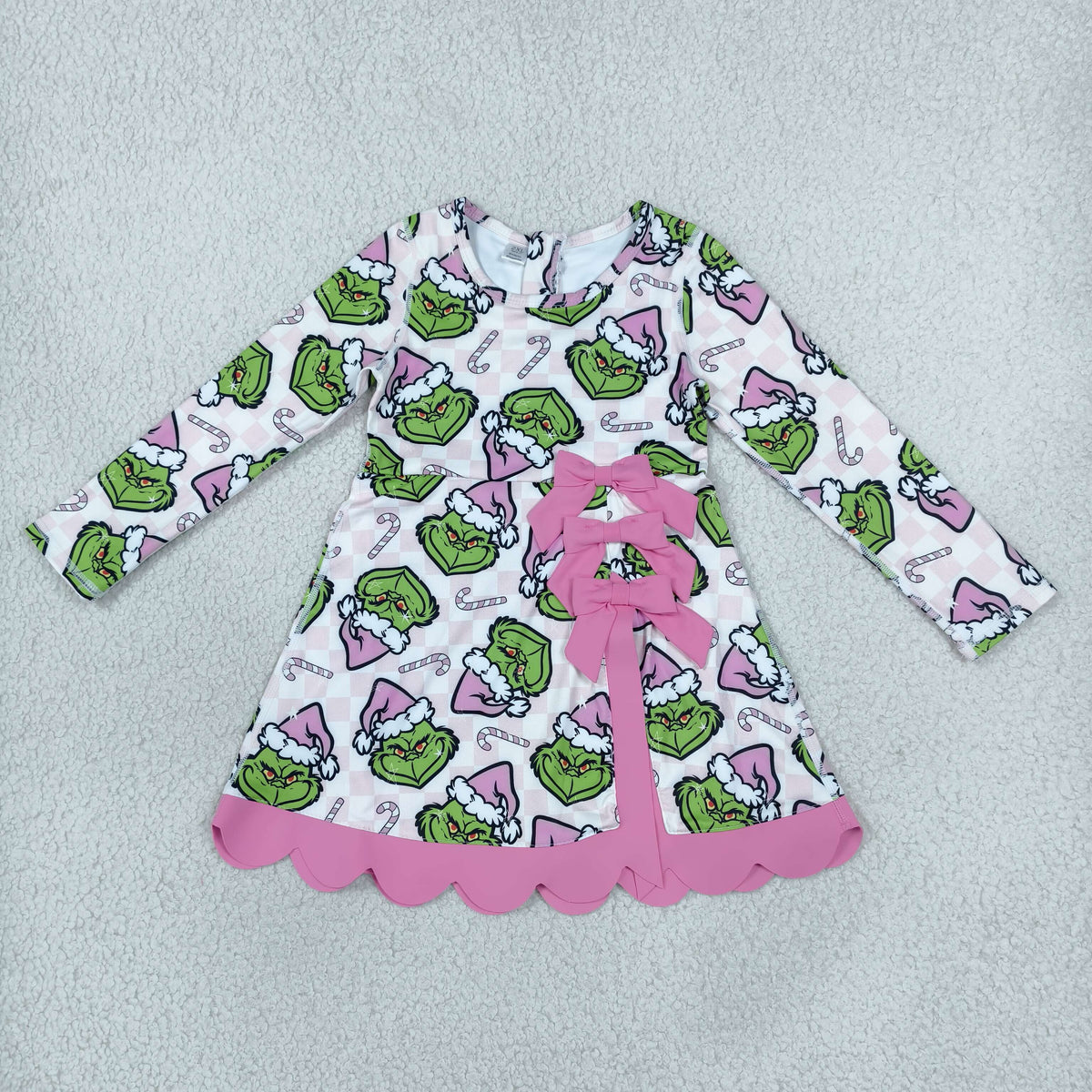 GLD1651 Yoga Christmas Green Face Bows Pink Long Sleeve Girls Dress