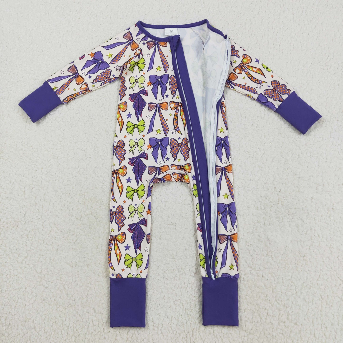 Custom moq 20 bamboo Halloween purple green orange bows long sleeve zipper girls romper