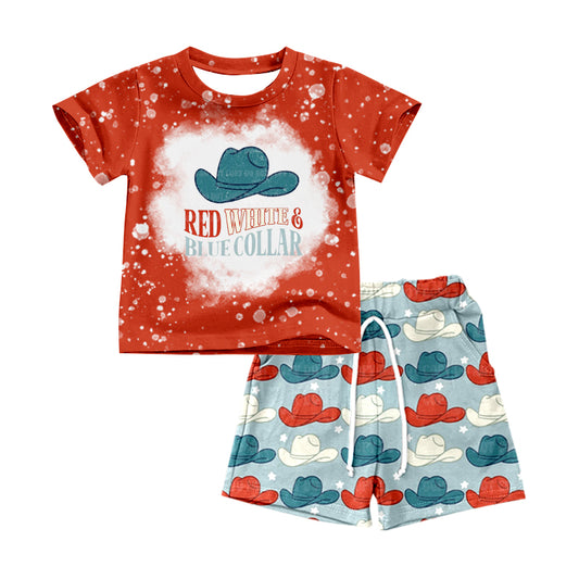 preorder BSSO0532 Western Red White Blue Collar Short Sleeve Shorts Boys Set