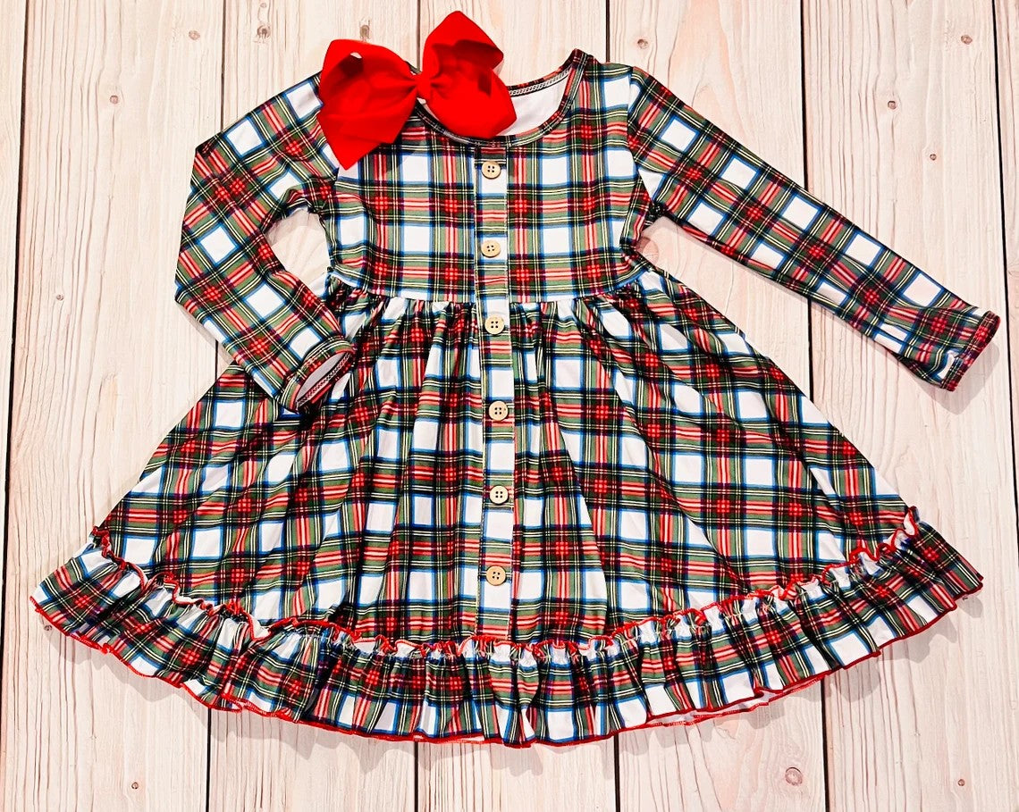 Preorder Christmas red green checkered long sleeve girls dress