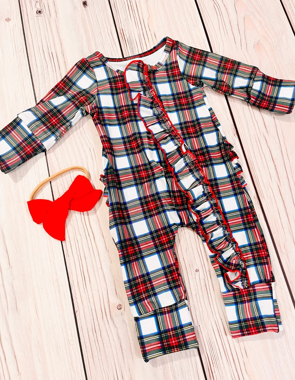 preorder Christmas red green checkered long sleeve zipper girls romper