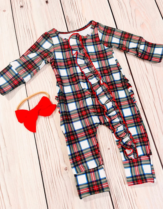preorder Christmas red green checkered long sleeve zipper girls romper