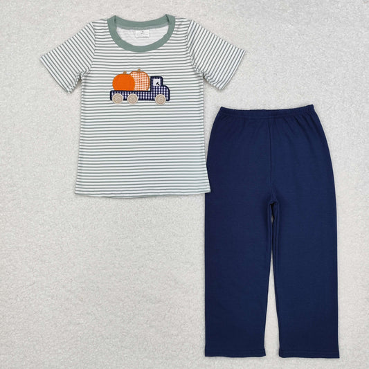 embroidery BSPO0473 pumpkin truck striped short sleeve navy blue pants boys set