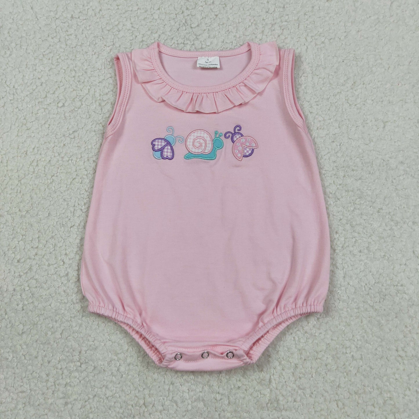 Embroidery SR4037 Ladybug Snail Pink Sleeveless Girls Romper