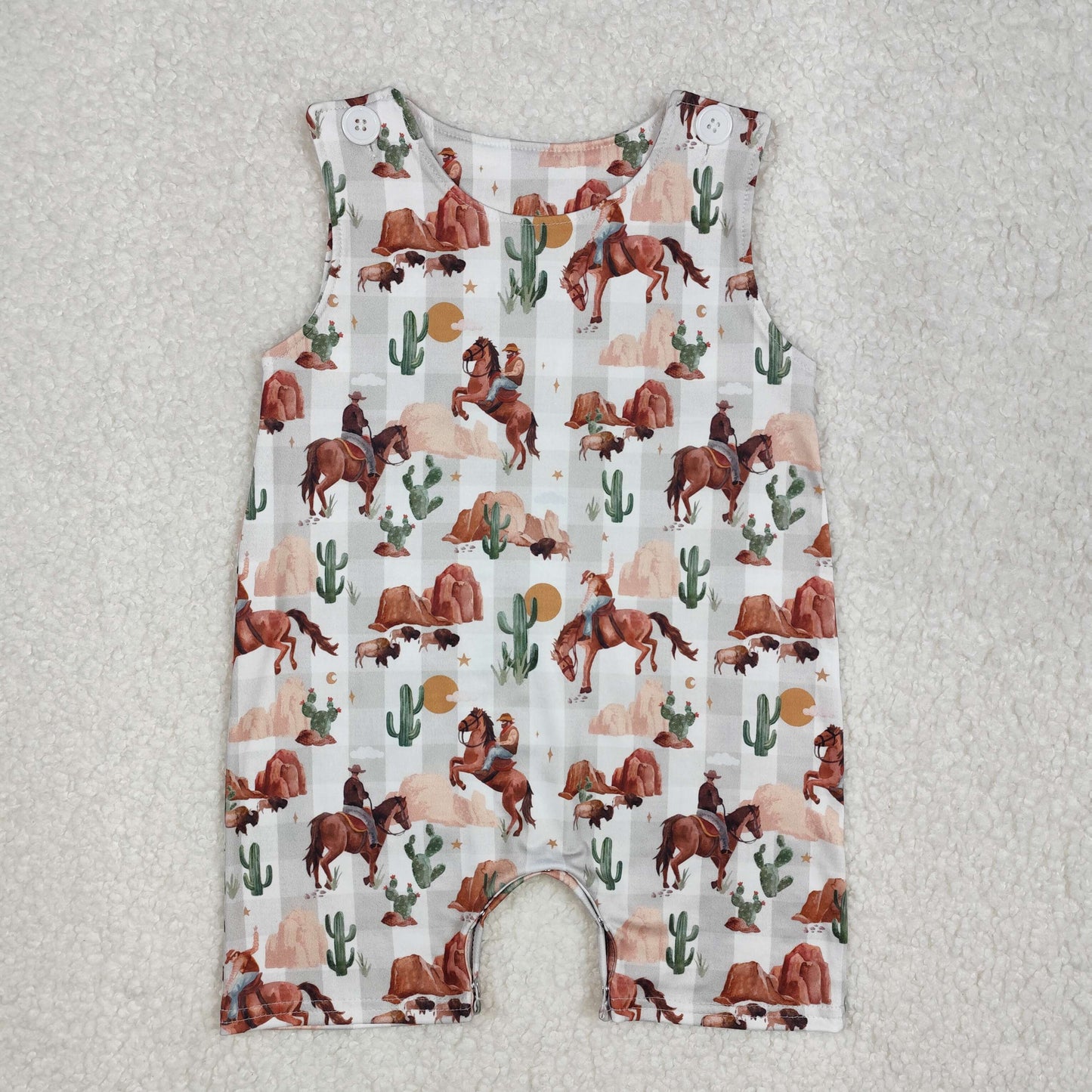 SR2538 baby boy rodeo cactus checkered sleeveless romper