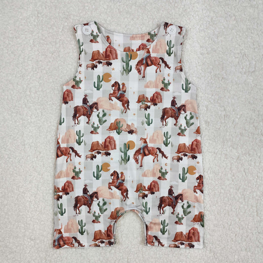 USA SHOP SR2538 baby boy rodeo cactus checkered sleeveless romper