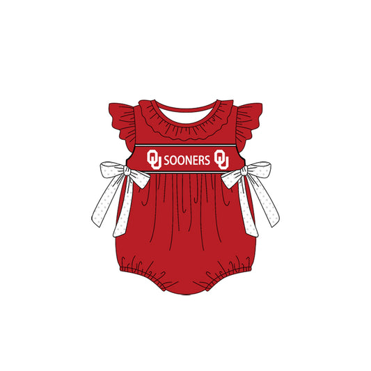 Custom Moq 3 Football Team Sooners Red Flutter Sleeve Bows Girls Romper