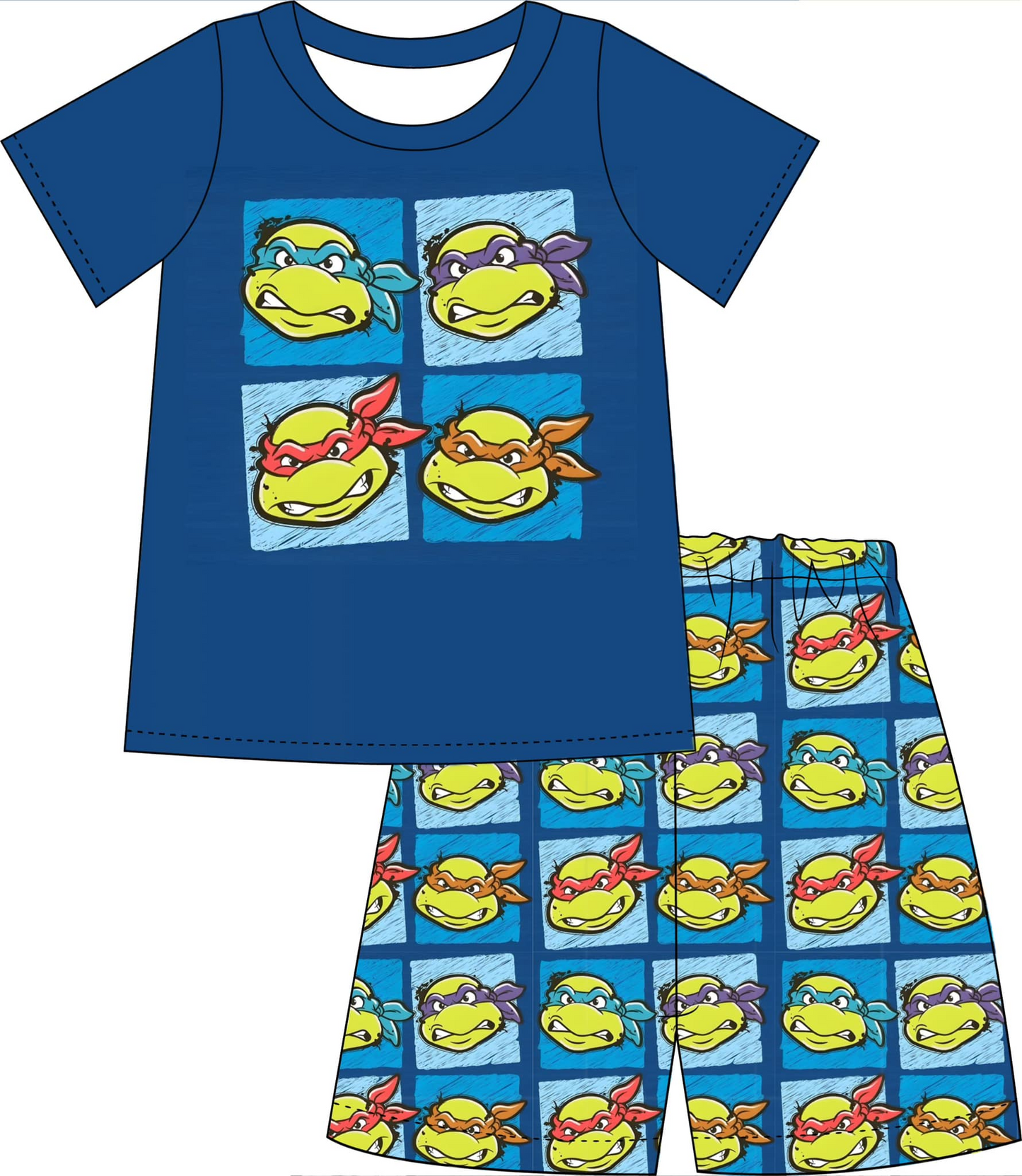 custom style cartoon tortoise navy blue short sleeve shorts boys set tat 6-8 weeks