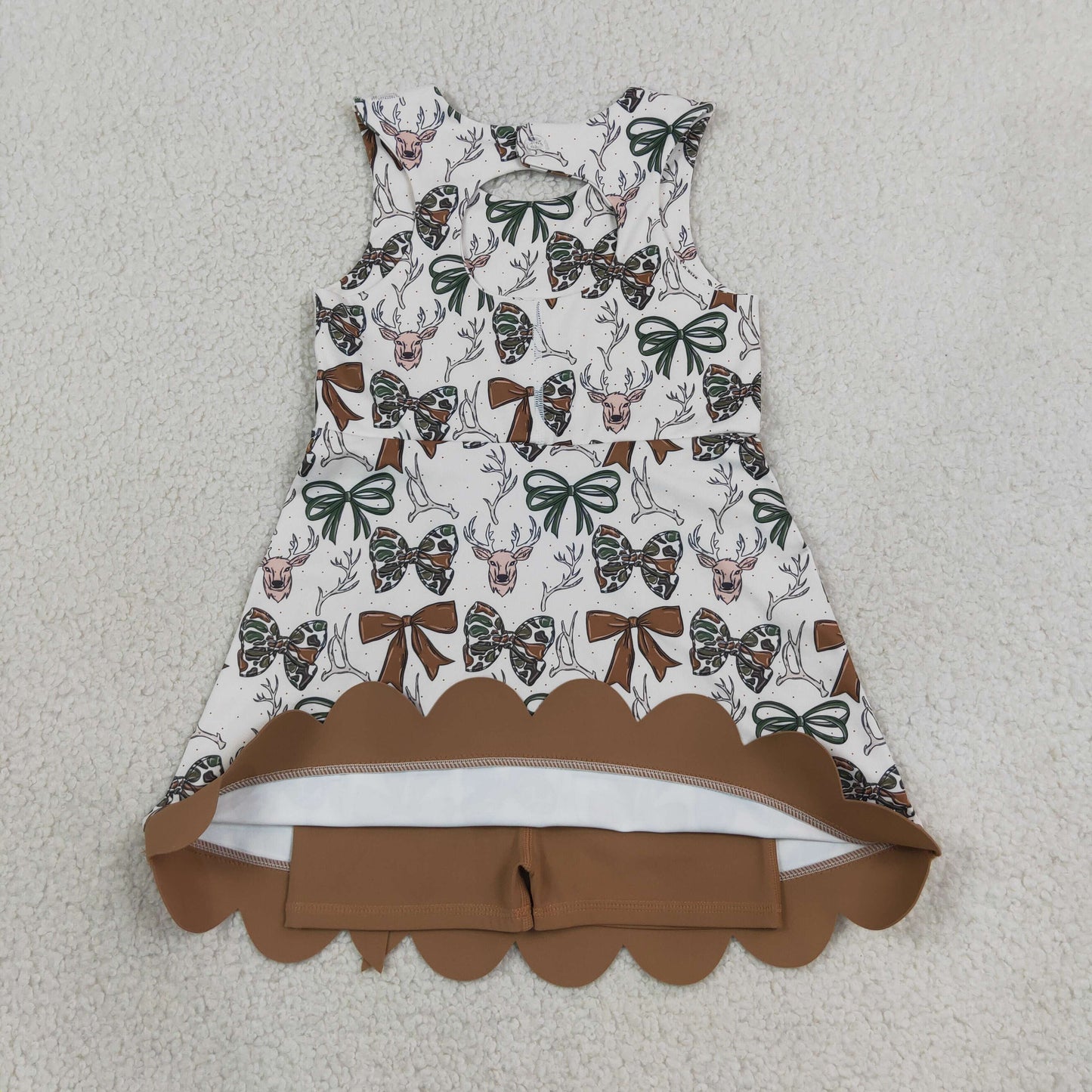 GSD4008 Yoga Scallop Camo Bows Deer Shorts Sleeveless Girls Dress
