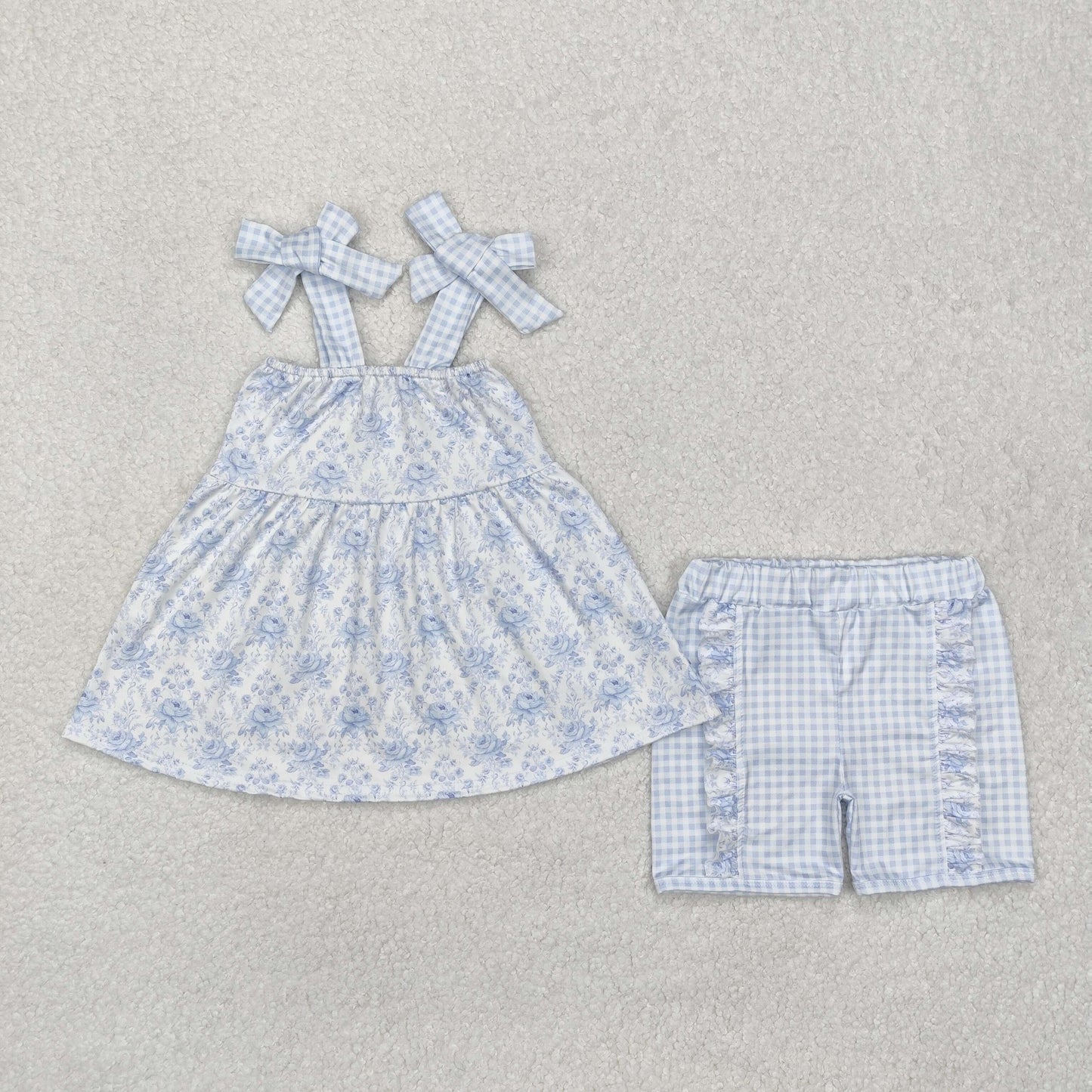 GSSO1716 Blue Flowers Lace-up Blue Checkered Ruffles Shorts Girls Set