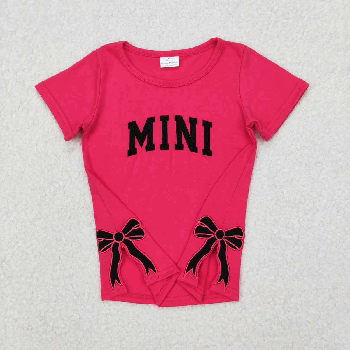embroidery GT0917 MINI Split Side Bows Hot Pink Short Sleeve Girls Top