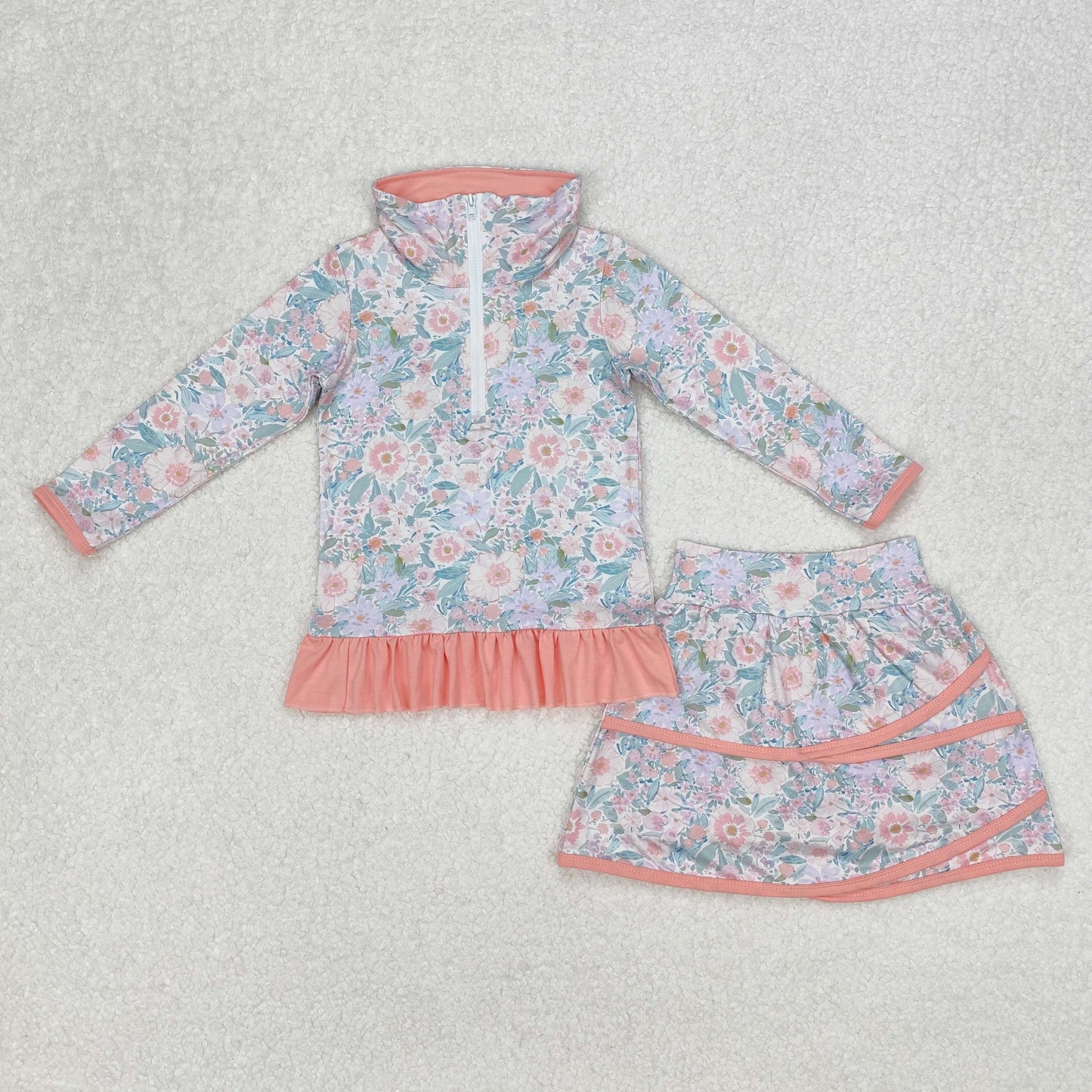 flowers zipper long slevee skirt with shorts set RTS sibling clothes