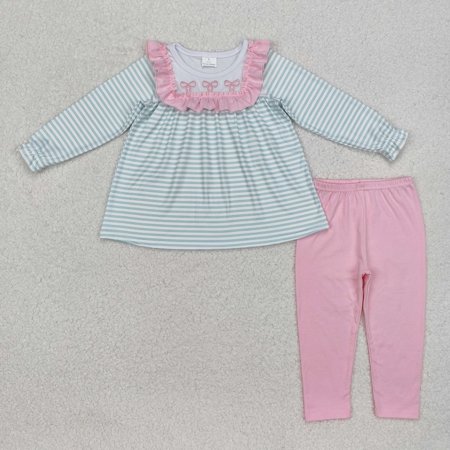embroidery GLP2135 pink bows green striped long sleeve pink pants girls set