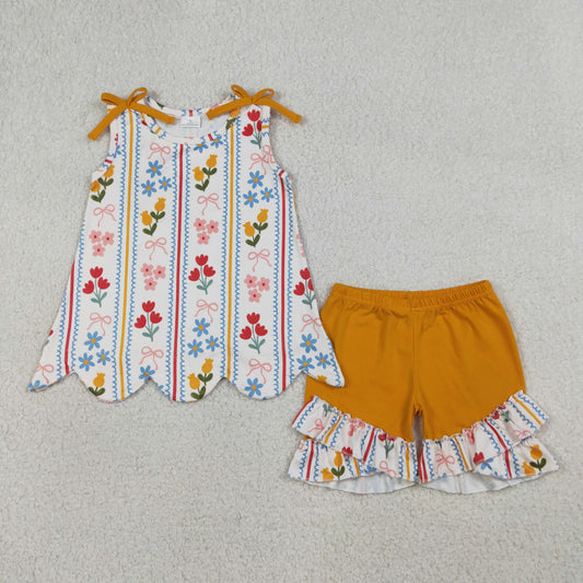 GSSO3388 Scallop Flowers Bows Sleeveless Yellow Shorts Girls Set