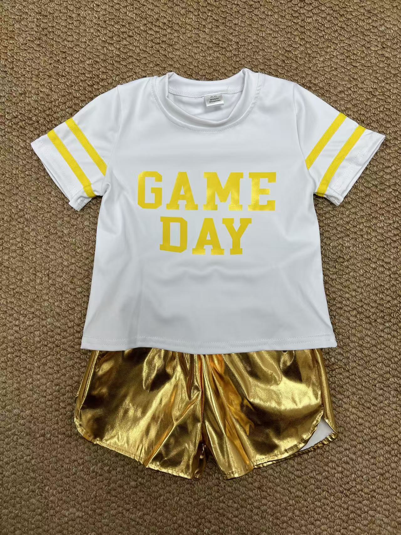 yoga screen print game day yellow short sleeve golden leather shorts girls set