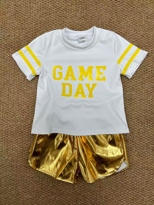 yoga screen print game day yellow short sleeve golden leather shorts girls set