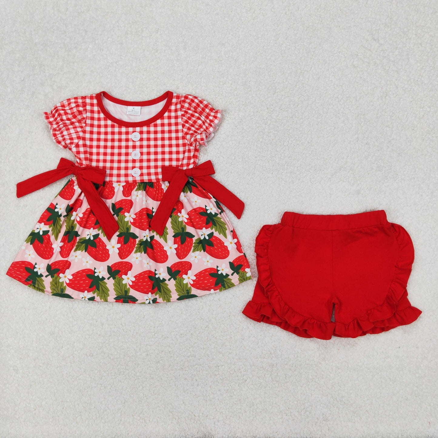 GSSO1648 red strawberry flowers checkered short sleeve red ruffles shorts girls set