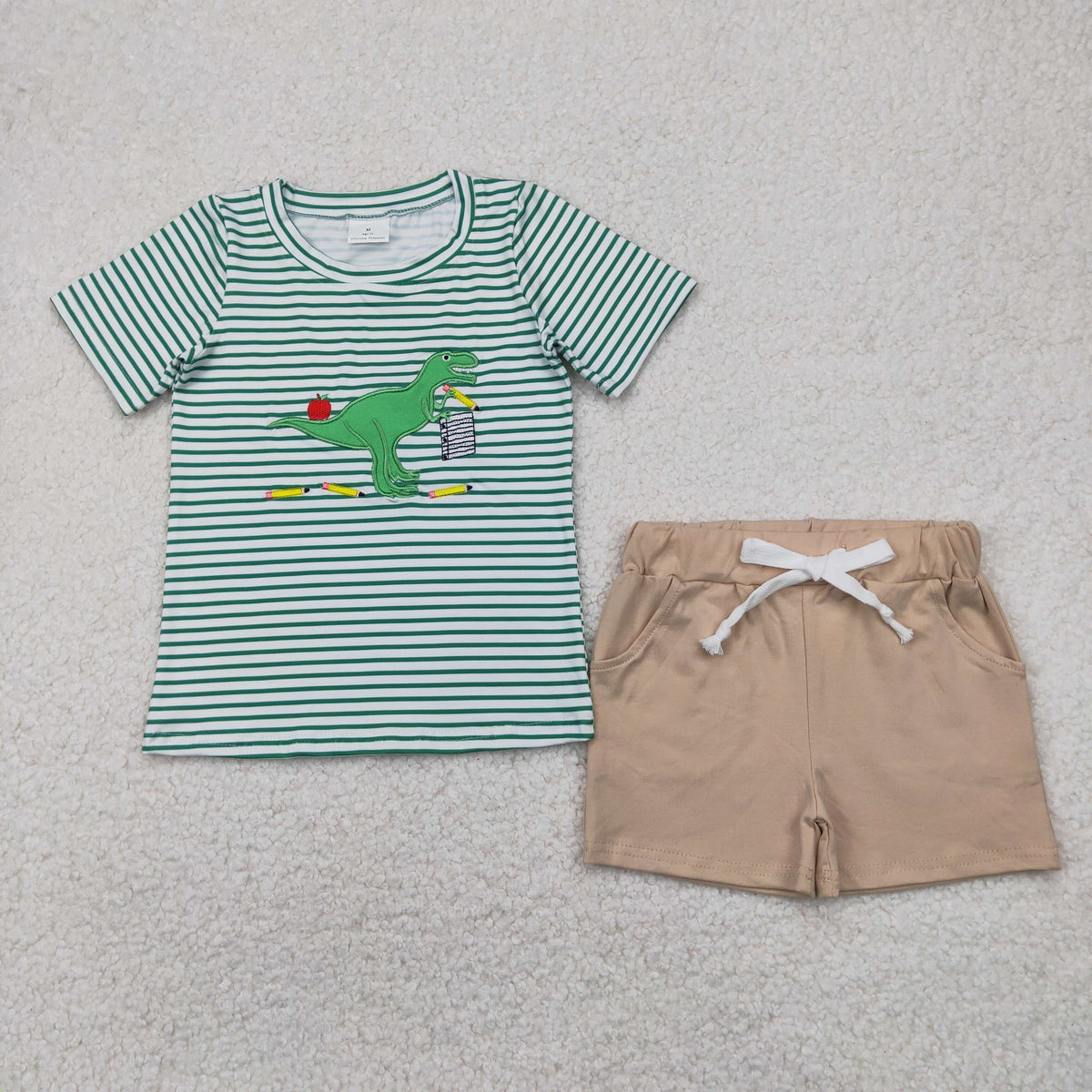 embroidery BSSO1416 back to school dinosaur green striped short sleeve shorts boys set