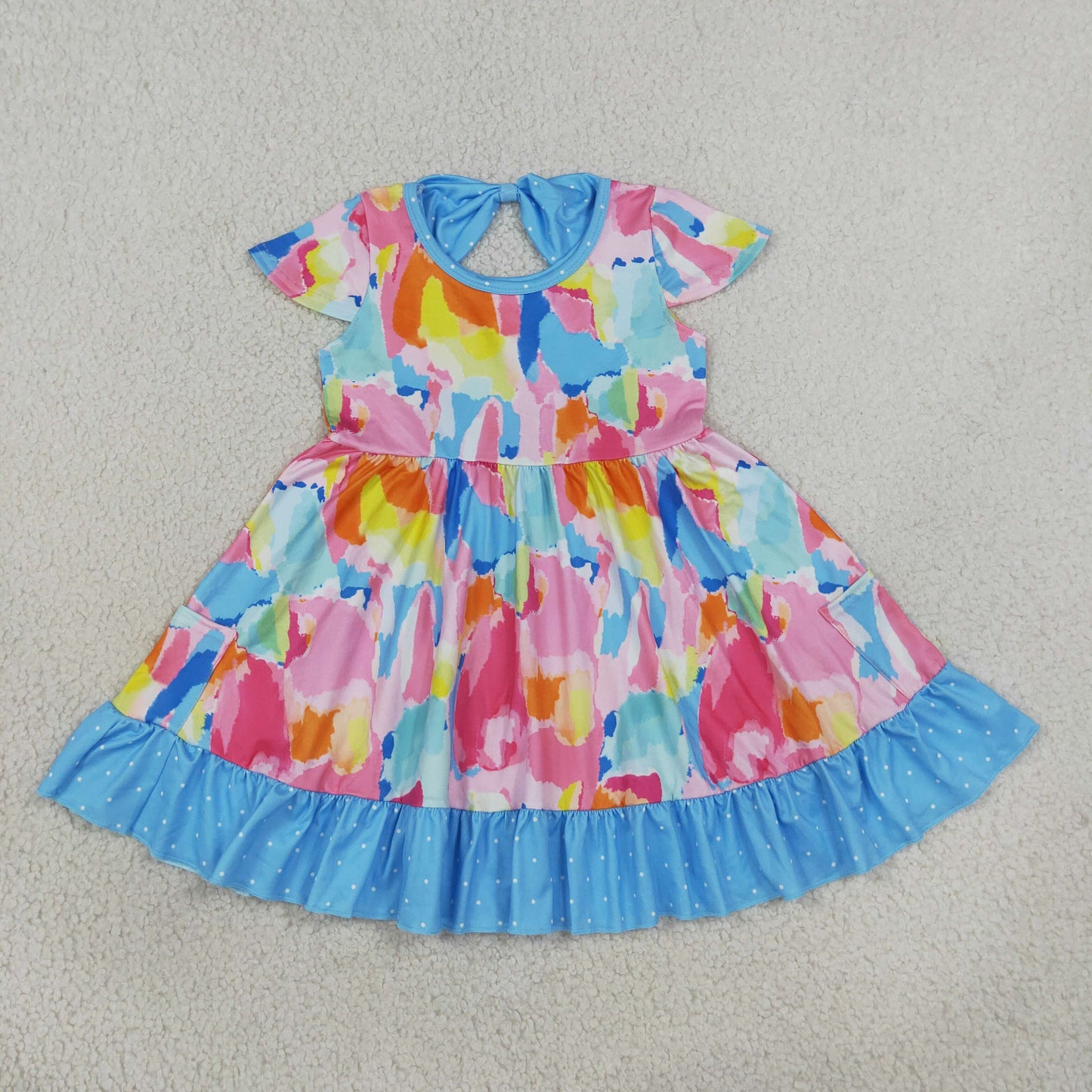 GSD2610 watercolor colorful blue short sleeve girls dress