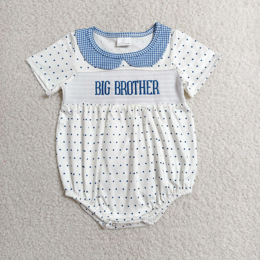 Embroidery Smocked SR3980 Big Brother Blue Dot Short Sleeve Girls Romper