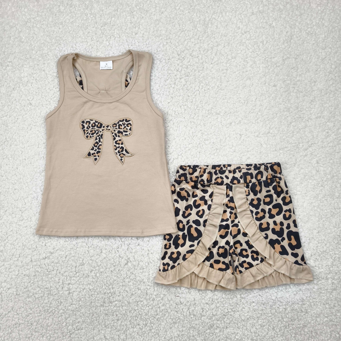 embroidery GSSO1603 leopard bow khaki sleeveless ruffles shorts girls set