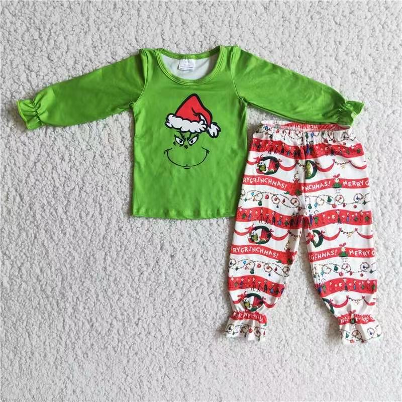 6 A20-4 Christmas Green Face Long Sleeve Pants Boys Set