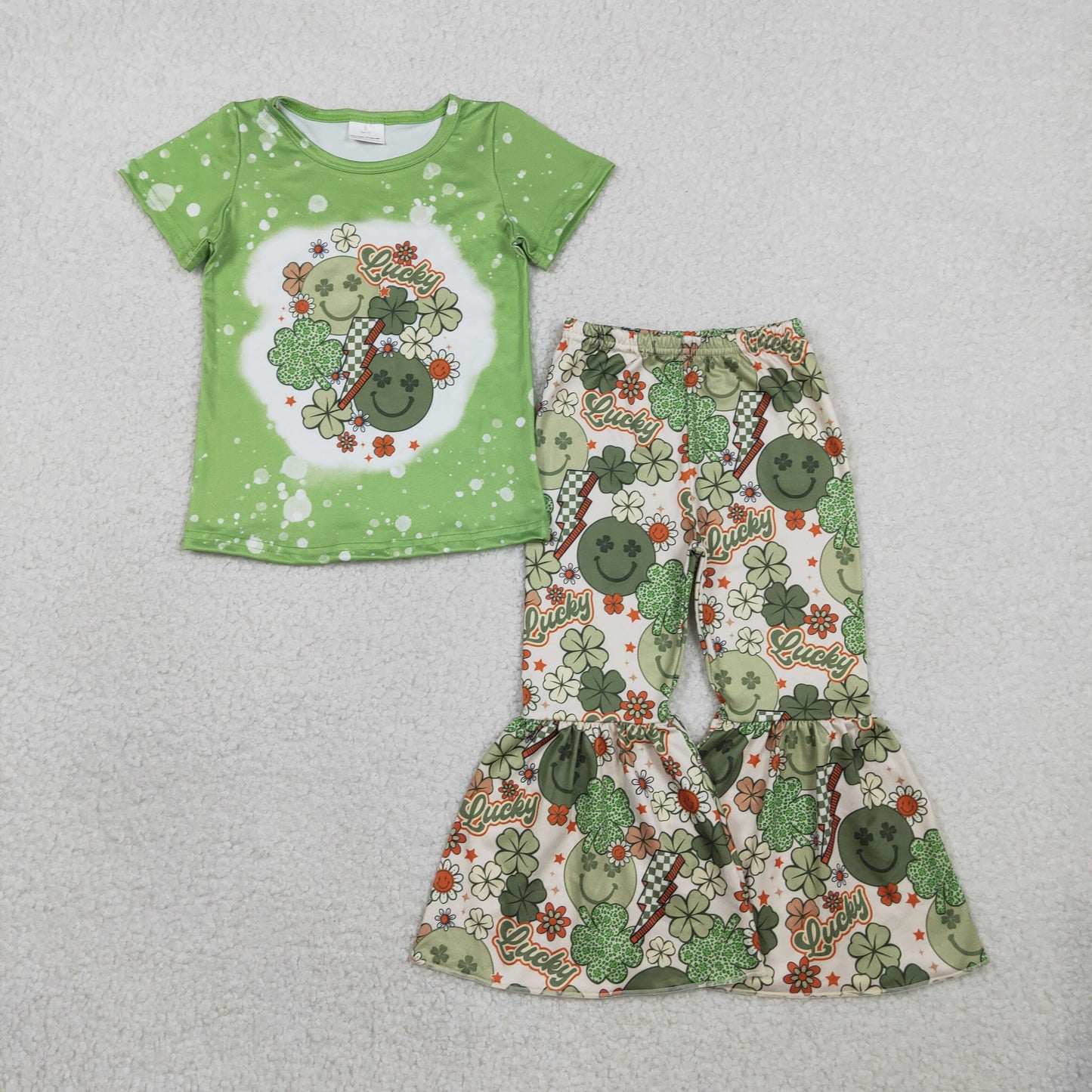 GSPO1876 St.Patrick Lucky Clover Smile Green Short Sleeve Pants Girls Set