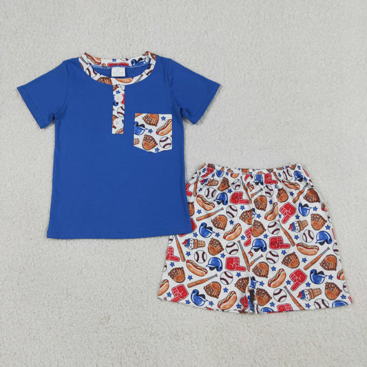 BSSO1922 Baseball Hot Dog Navy Blue Short Sleeve Shorts Boys Set