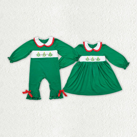 embroidery smocked Christmas tree RTS sibling clothes