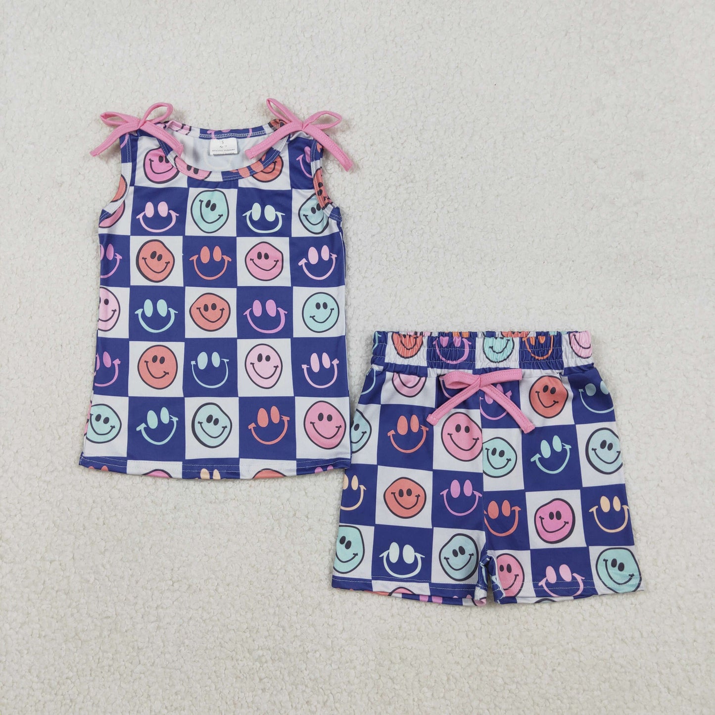 GSSO2831 Colorful Smile Navy Blue Checkered Sleeveless Shorts Girls Set