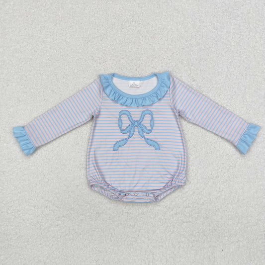 embroidery LR1379 blue bows striped pink long sleeve girls romper