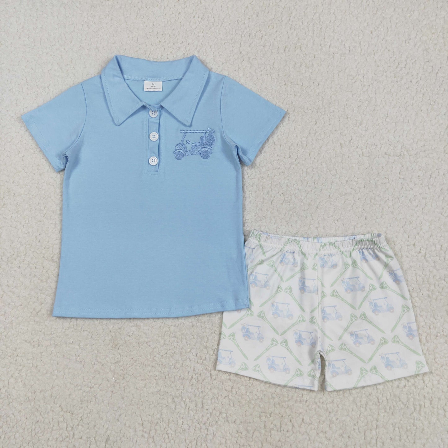 embroidery BSSO1494 golf car blue short sleeve shorts boys set