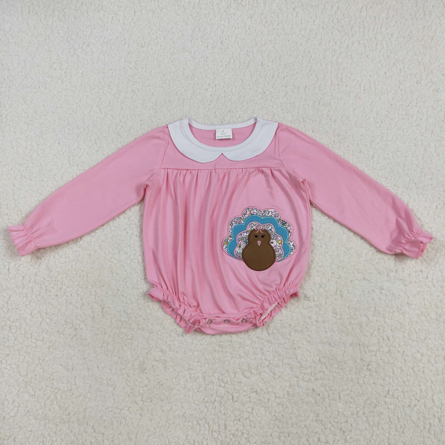 embroidery LR2262 thanksgiving turkey hot pink long sleeve girls romper