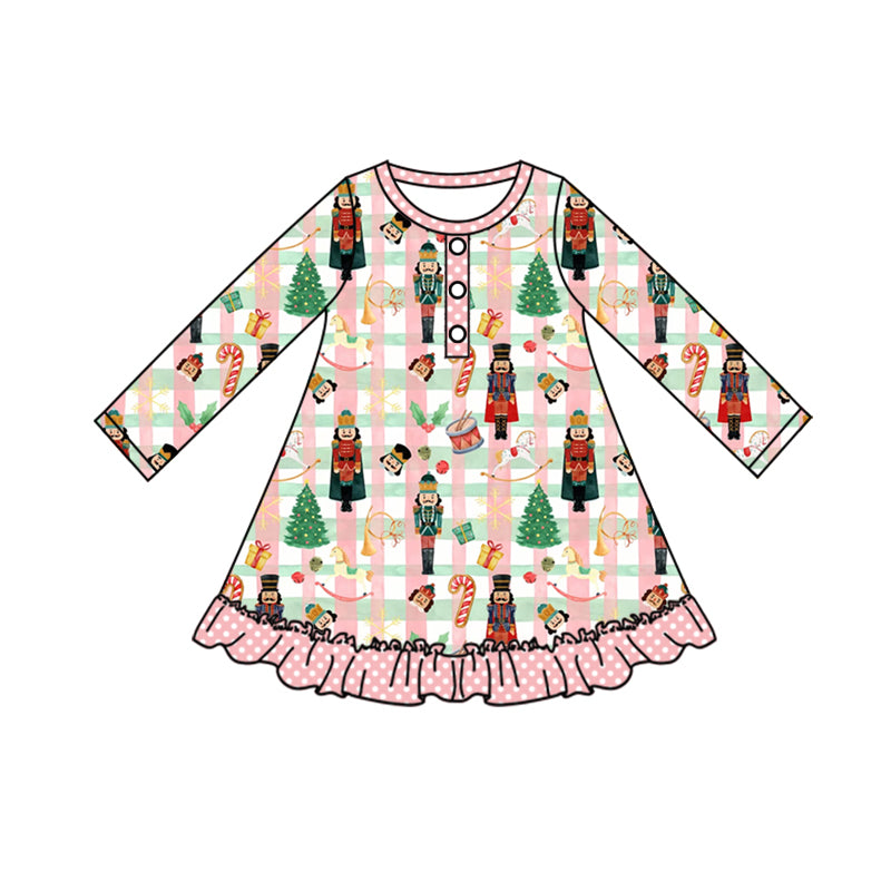 preorder GLD0421 Christmas soldier tree pink long sleeve girls dress