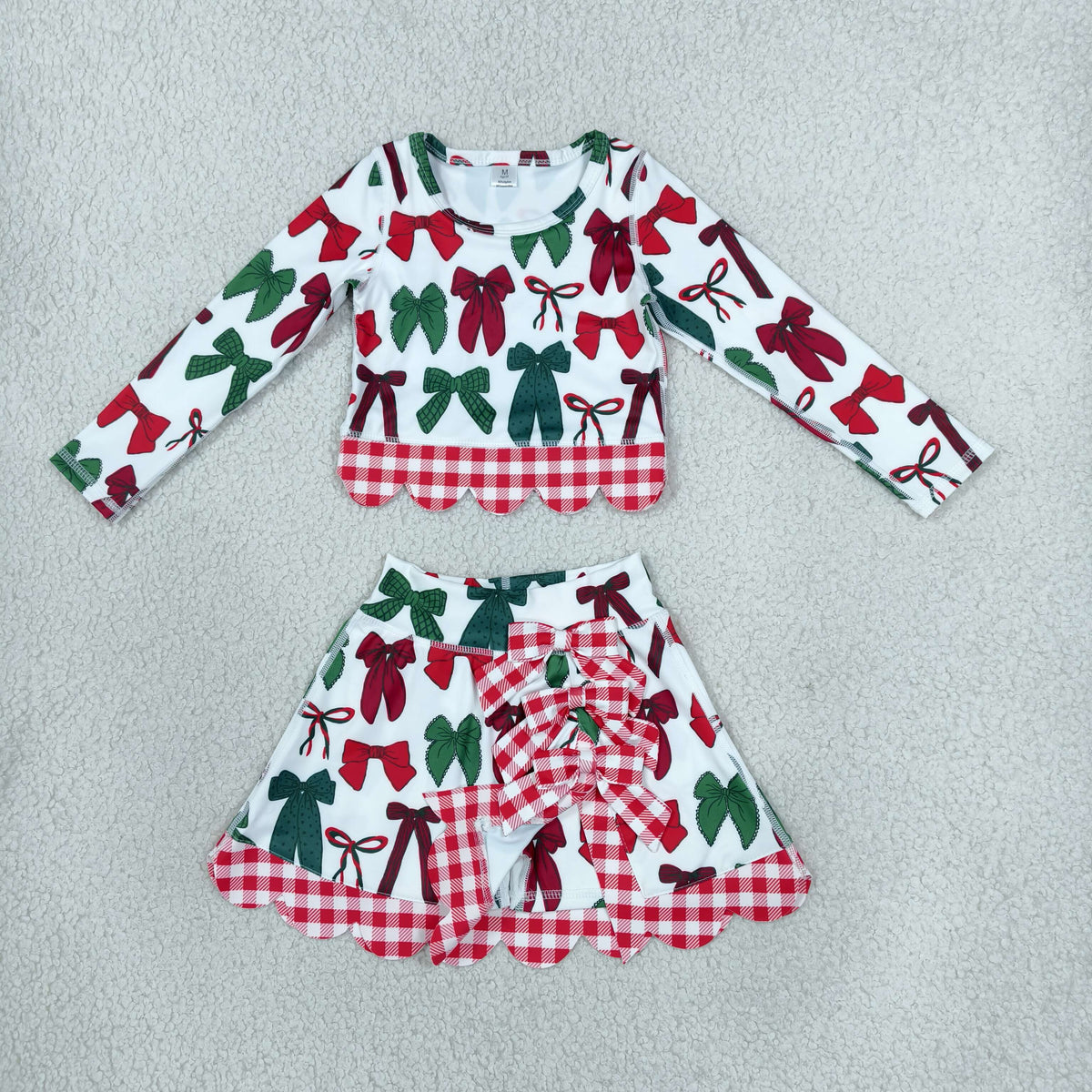 GLD1677 Yoga Scallop Christmas Bows Long Sleeve Bows Skorts Girls Set