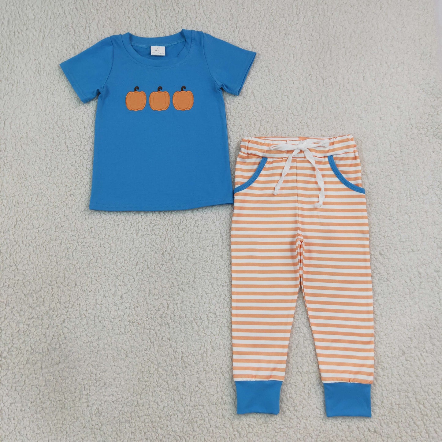 Embroidery BSPO0693 Pumpkin Blue Short Sleeve Orange Striped Pants Boys Set