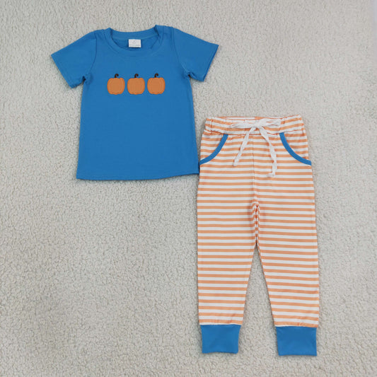 Embroidery BSPO0693 Pumpkin Blue Short Sleeve Orange Striped Pants Boys Set