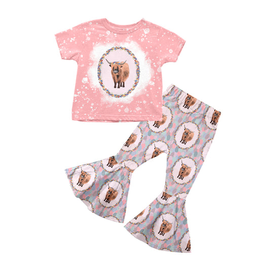 Preorder GSPO1316 Western highland cow pink short sleeve leopard pants girls set