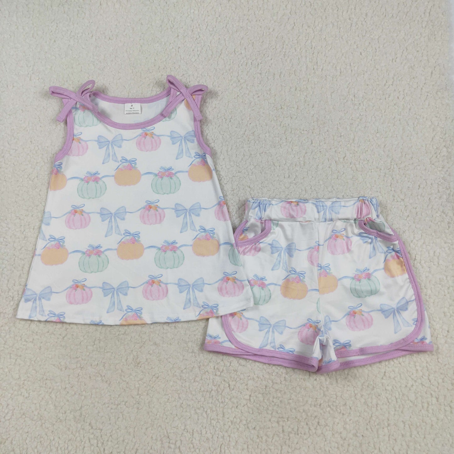GSSO2668 blue/pink/orange pumpkin bows sleevless shorts girls set