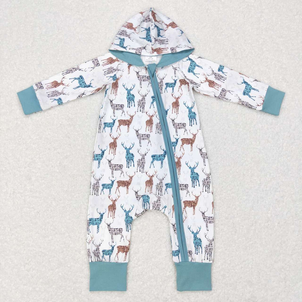 LR0776 Christmas deer blue hoodie long sleeve kids romper