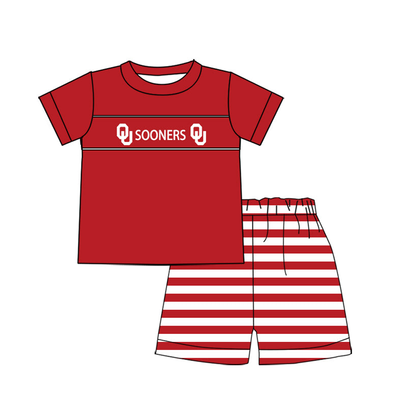 Cutom Moq 3 Football Team Sooners Red Short Sleeve Red Striped Shorts Boys Set