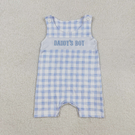 embroidery SR2945 daddy's boy blue checkered sleeveless boys romper