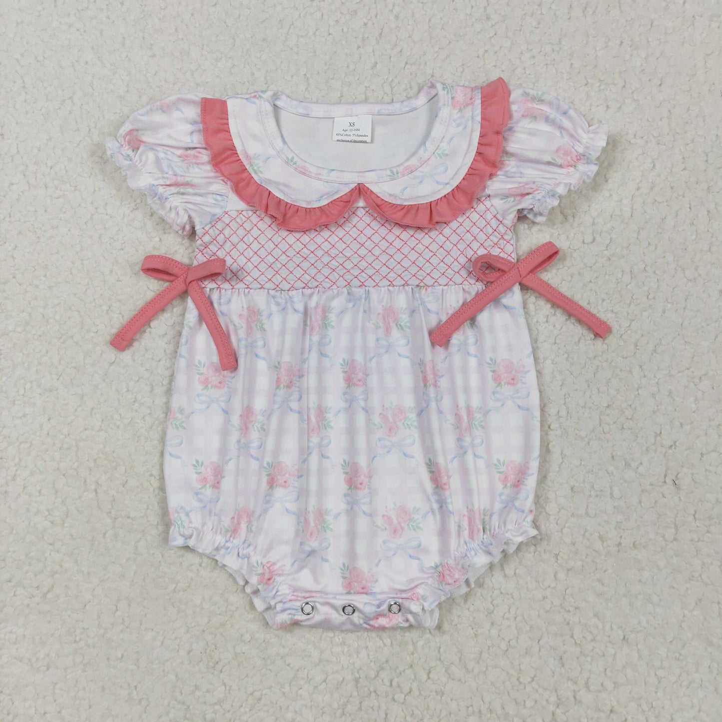 embroidery SR2917 pink flowers with bows short sleeve girls romper