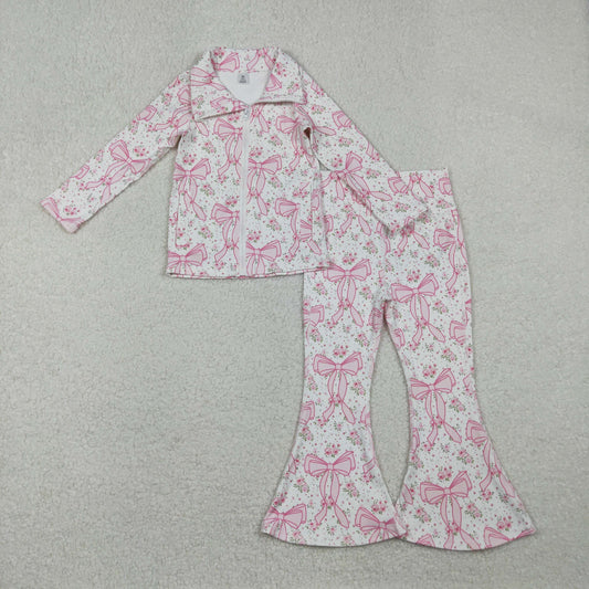 GLP2440 yoga pink flowers bows zipper long sleeve pants girls set
