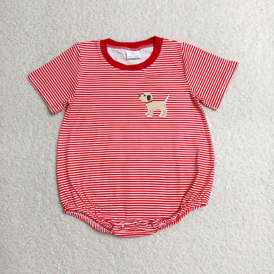 Embroidery SR2286 cute dog red striped short sleeve boys romper
