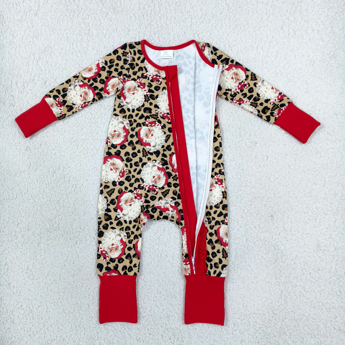 LR3302 Christmas Santa Leopard Zipper Long Sleeve Girls Romper